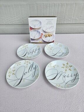 Pier 1 Imports Holiday Wishes Appetizer 6" Plates Set of 4 Christmas White Gold